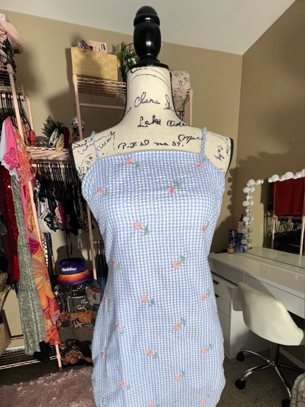 Light Blue Gingham Floral Embroidered Spaghetti Strap Top